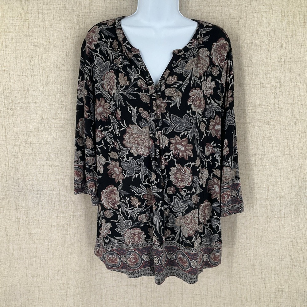 Lucky Brand Womens 1X Floral Split Neck Tunic Top Black Boho 3/4 Sleeve Bohemian